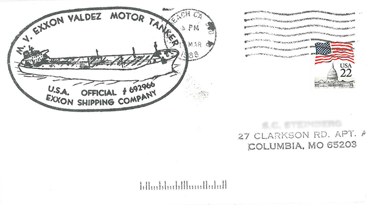 The Exxon Shipping Company created a rubber stamp featuring the tanker Exxon Valdez. (NOAA) The Exxon Shipping Company official ink stamp featuring the tanker Exxon Valdez on a postmarked envelope.