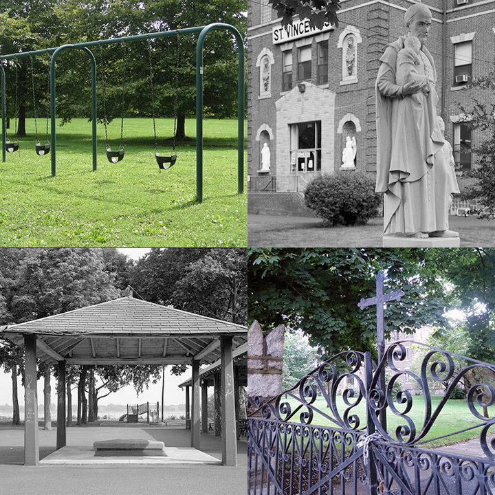 From top left: A recent photo of part of the play area behind St. Vincent’s on the grounds facing the Delaware River. (NOAA) An old photo of a statue in front of St. Vincent’s Orphan Asylum, as it was originally named. (U.S. Library of Congress) The main building of the historic institution in Northeast Philadelphia that first opened its gates in 1857 as St. Vincent's Orphans Asylum. Photo was taken in 2013. (NOAA) An old photo of a pavilion in the recreational area behind St. Vincent’s main building. The Delaware River and playground equipment is visible in the background. (U.S. Library of Congress) Playground swings at St. Vincent's. Statue of St. Vincent with a child in front of large brick building. Elaborate locked iron gate with a cross. Pavilion with trees and river view.