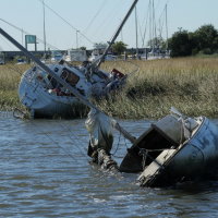 Damaged vessels and other debris.