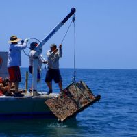 Crews on a boat pull a casita from the water. 