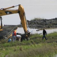 Workers and a crane restoring a wetland in Louisiana. 